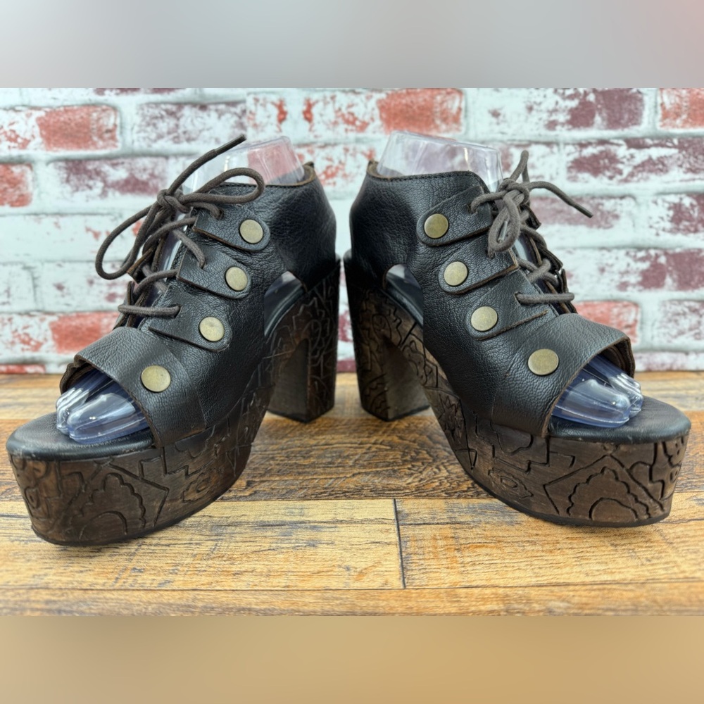 Free People FARRAH Dark Brown Leather / Wood Platform Heels, Women's Size 38 - Picture 6 of 16